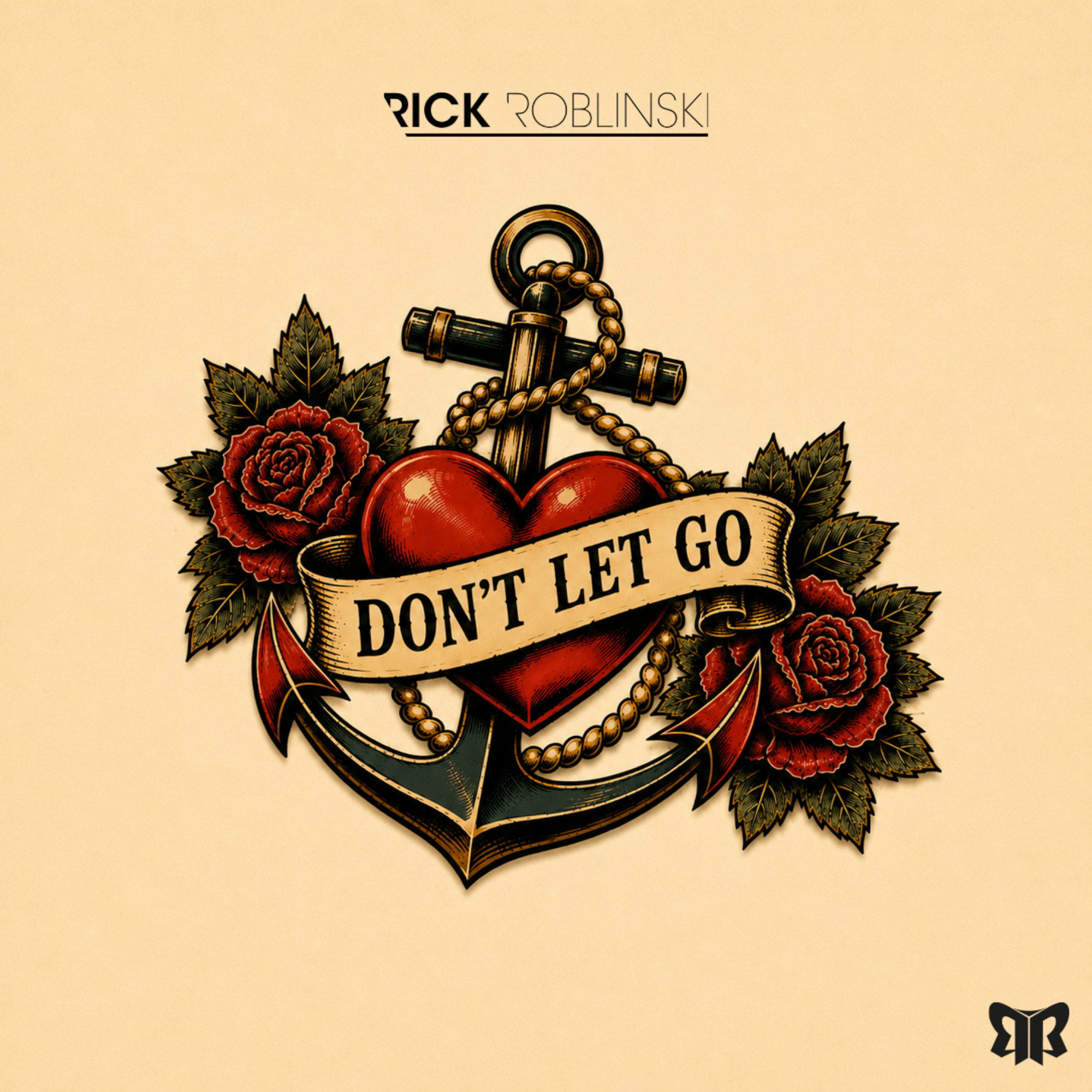 Vintage tattoo-style artwork for Don't Let Go, showing an anchor, a heart and roses.