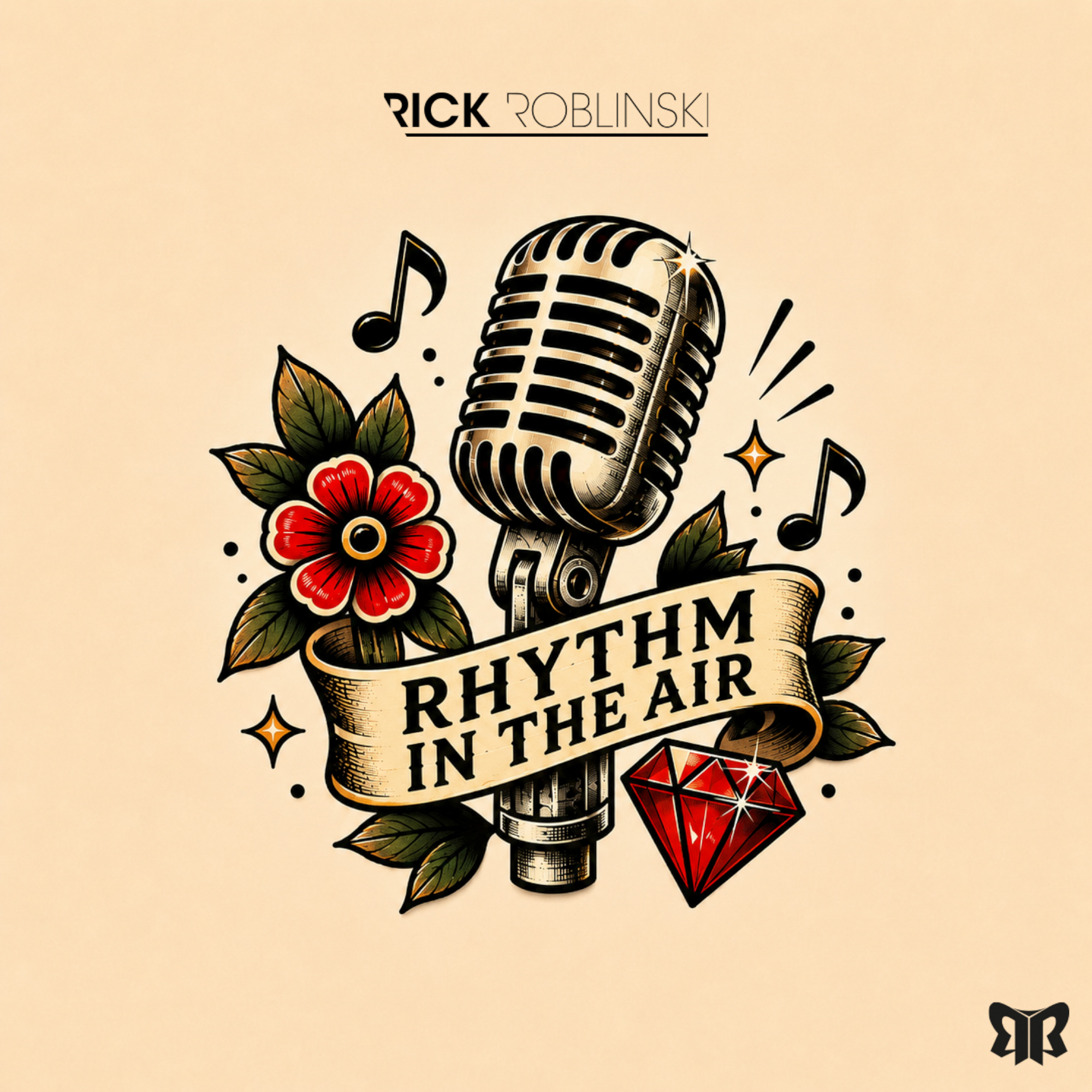 Vintage tattoo-style artwork for Rhythm in the Air, showing a vintage microphone with a flower and a gem.
