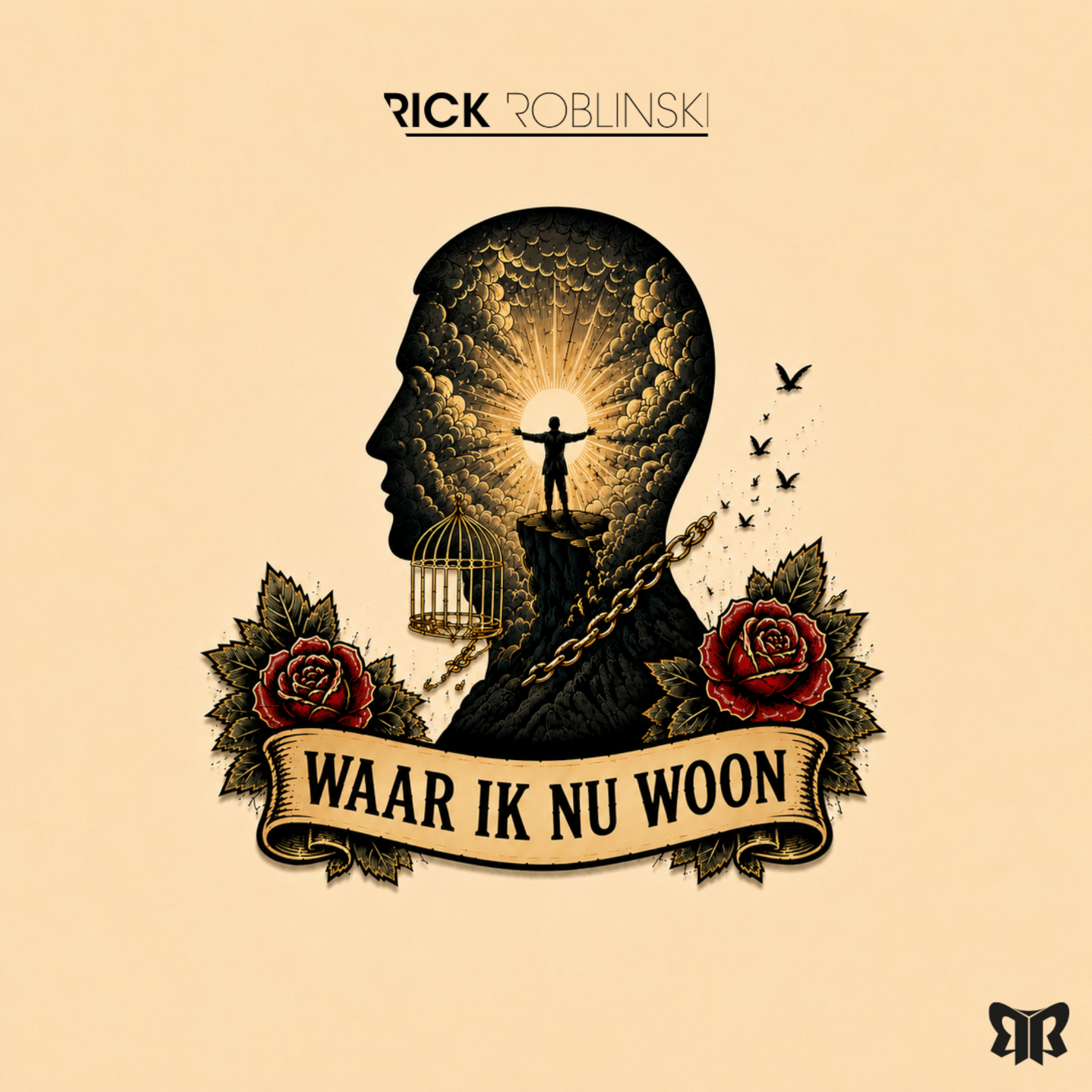 Artwork for Waar Ik Nu Woon, showing a silhouette with light, an open cage, broken chains and flying birds.